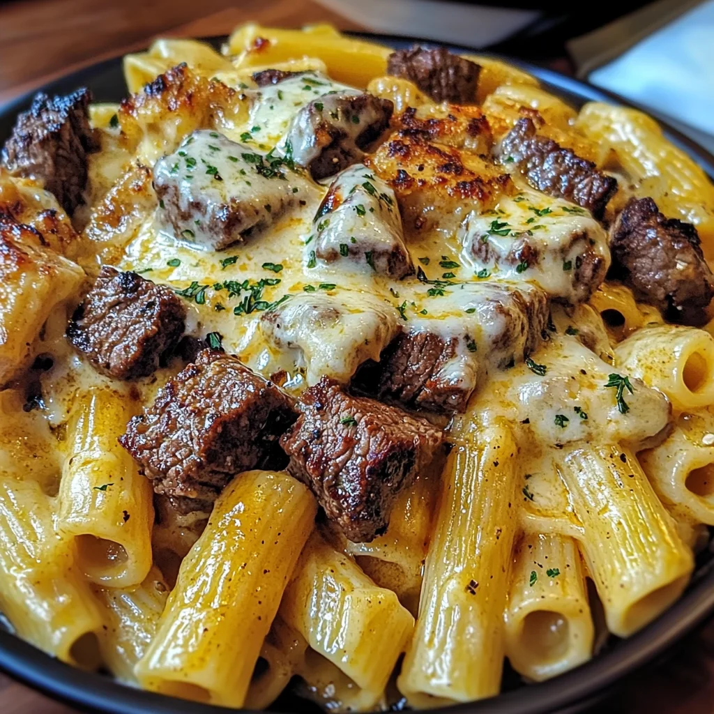 Cheesy Beef Rigatoni in Garlic Cream Sauce