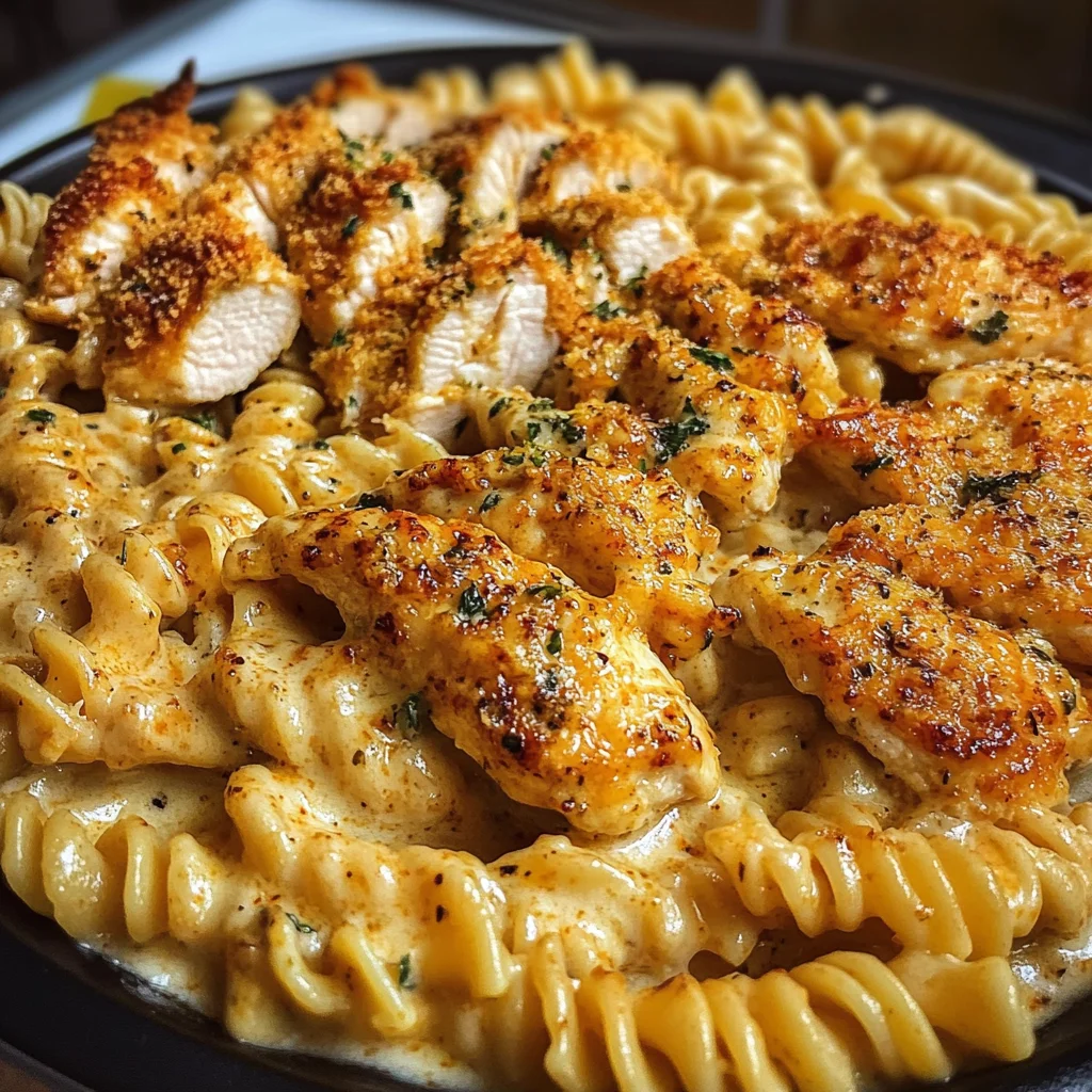 Garlic Parmesan Chicken Twisted Pasta in Spicy Three-Cheese Cajun Sauce