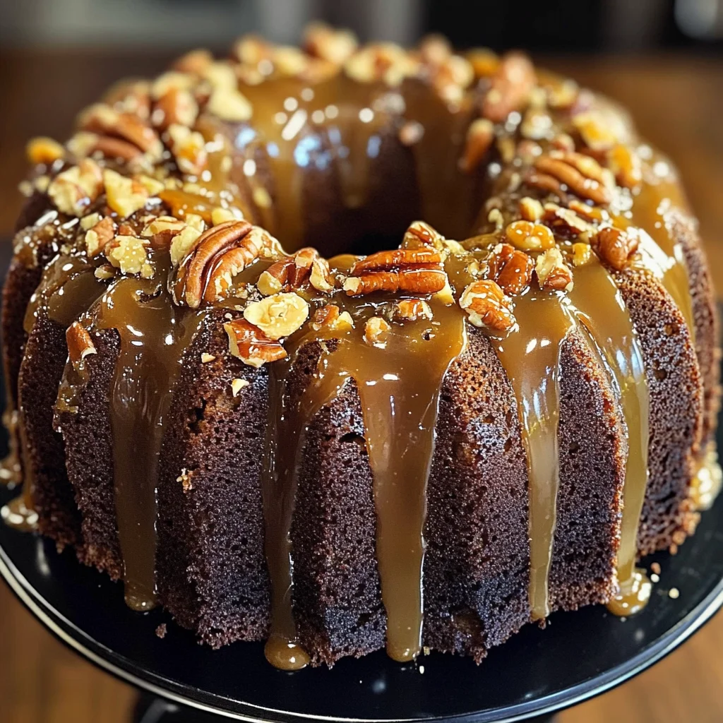German Chocolate Bundt Cake with Caramel Pecan Topping