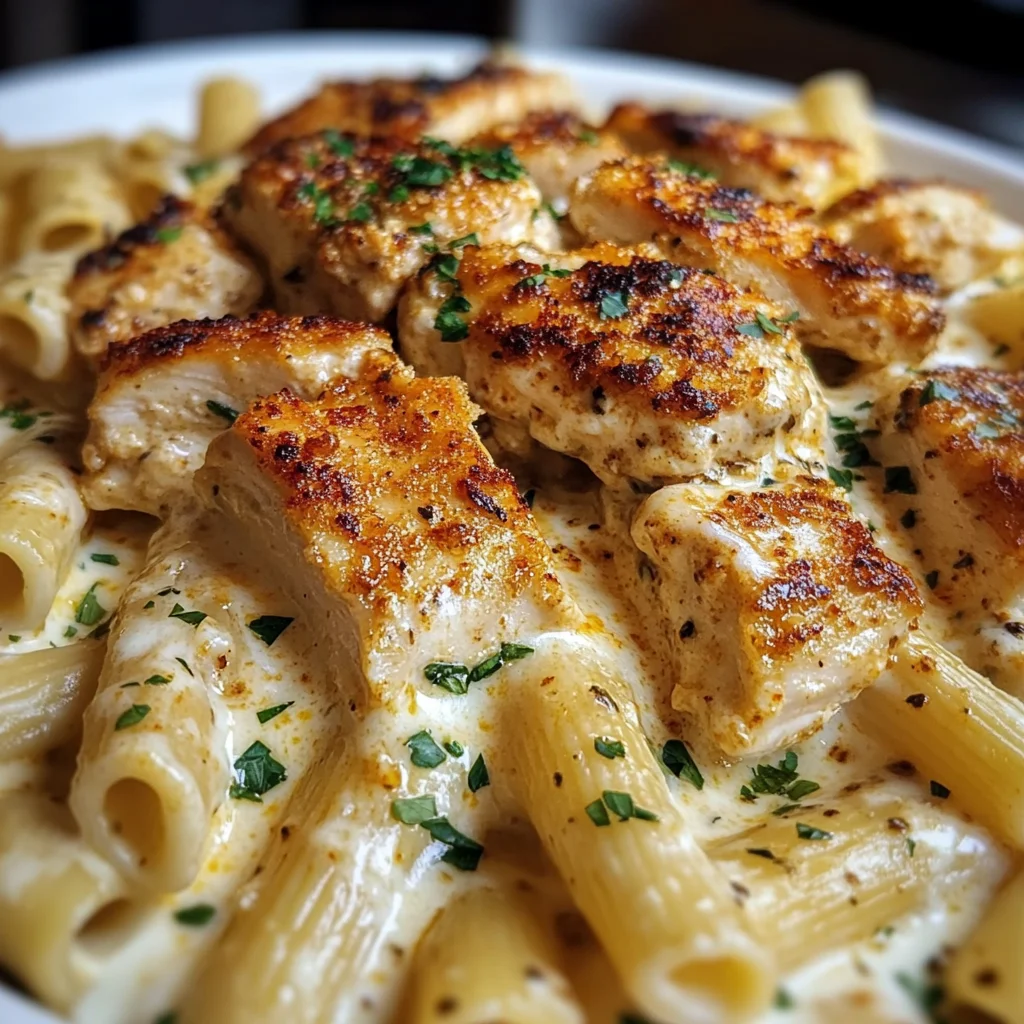 Mozzarella Cajun Chicken Rigatoni in Garlic Cheese Sauce