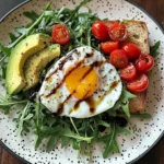 Poached Egg & Arugula Salad with Avocado, Tomato & Cream Cheese Toast