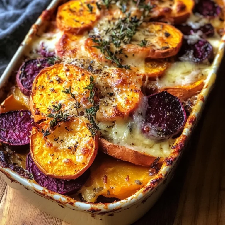 Root Vegetable Gratin with Sweet Potatoes, Parsnips, and Beets