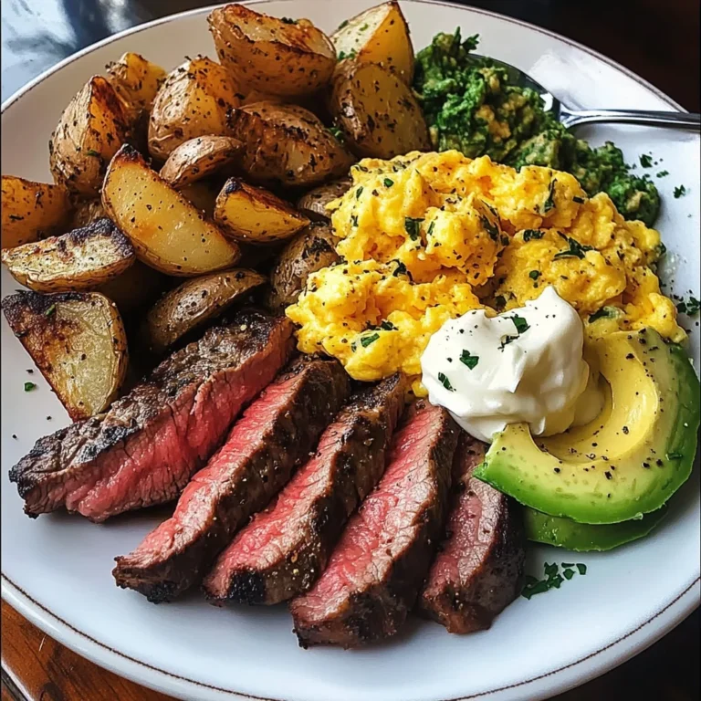 Steak, Cheesy Scrambled Eggs & Herb Potatoes